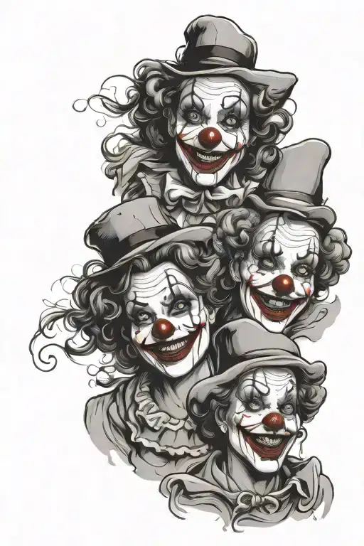 3 Identical Female Clown Faces With Different Expressions