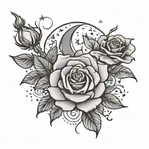 Rose Stem Tattoo With Flowers Around It And Moon And Stars