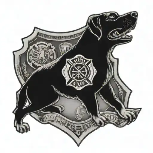 A Black-grey Tattoo Of A Firefighter Badge With A Dog Silhouette Inside