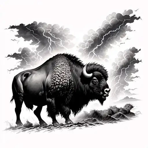 On The Left Bisons Buffalos Charging Thunder Storm Coming On The Right Black And Grey