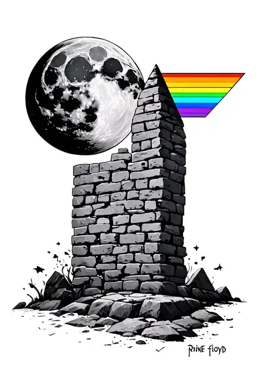 Pink Floyd Prism And Stone Wall Bricks And Moon