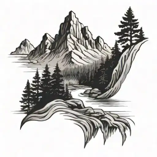 Mountain Peak With Trees And River Flowing