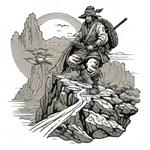 Samurai Climbing A Cliff To His Village