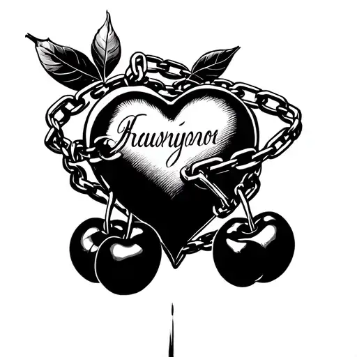 Cherries With Chains Wrapped Around It And Heart With Script Tattoo Design