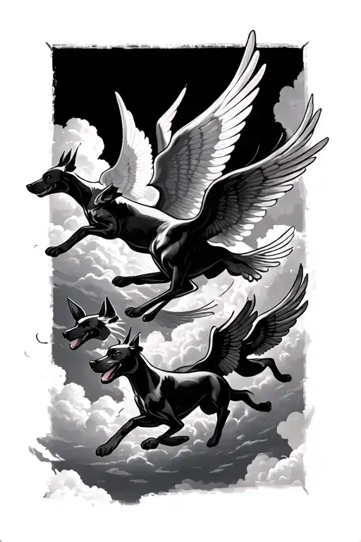 6 Dogs With Angle Wings Running In The Clouds