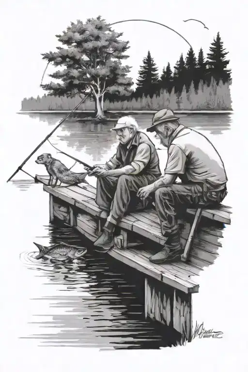 Grandpa And Me Fishing On A Dock With Trees
