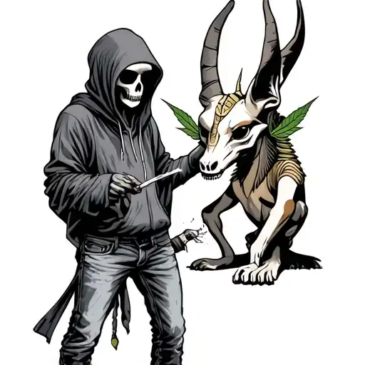 Grim Reaper Wearing Jeans And Hoodie Sharing A Weed Joint With A Hipster Anubis In Black Ink