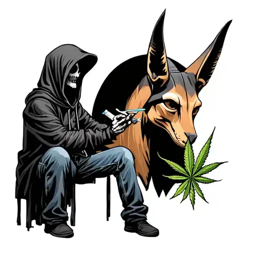 Grim Reaper Wearing Jeans And Hoodie Sharing A Weed Joint With A Hipster Anubis