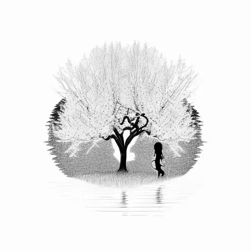 Silhouette Willow Tree With Rope Swing And 2 Girls