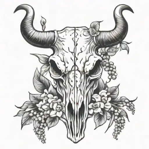 Long Horn Bull Skull With Lily Of The Valley Flower Intertwined