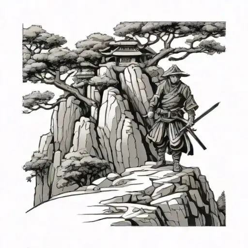 Samurai Climbing A Cliff To His Village