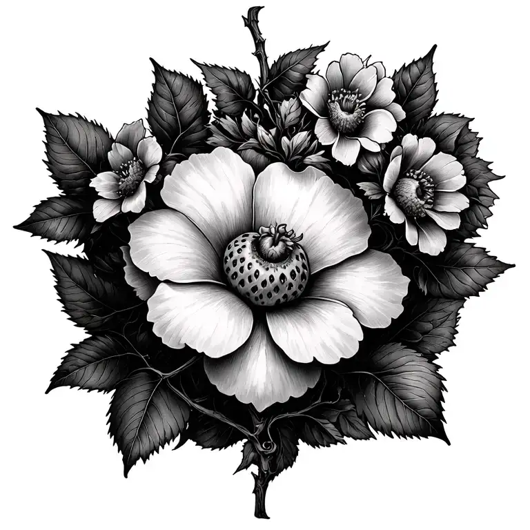 Strawberry Vine Thin And Long Spine Tattoo With Flowers