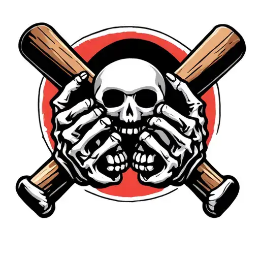 Skeleton Hands Holding Two Crossed Wooden Baseball Bats