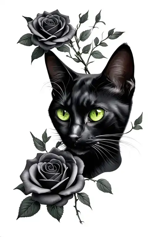 Black Cat Face With Green Eyes With Roses Growing