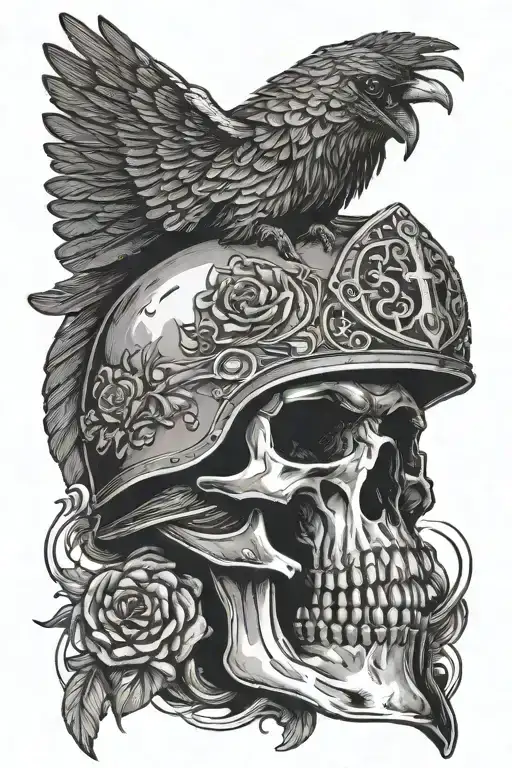 Skull Wearing Ancient Roman Helmet In A Dark Battlefield With Raven Flying Above