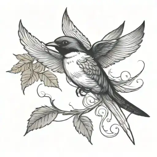 Swallow Bird Flying And Leaf Intertwined