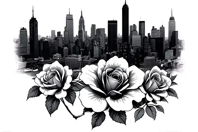 New York Skyline With Roses Mayflowers Hibiscus