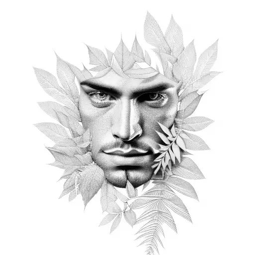 Male Face Made Of Foliage And Leaves