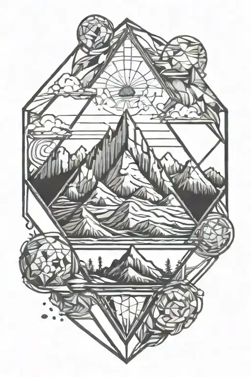 Diamond With Mountains Inside Surrounded By Circular Geometric Design
