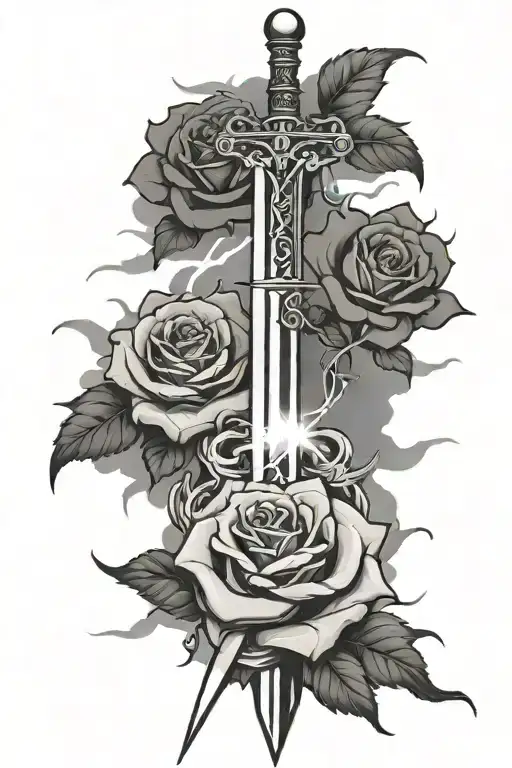 Sword In The Clouds With Lightning Behind It And A Rose Centered Over The Sword