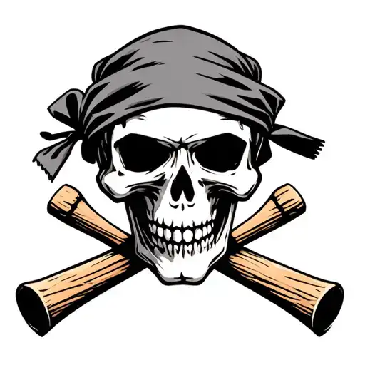 Biker Skull Wearing A Bandana With Skeleton Hands Holding Two Crossed Wooden Bats In The Background