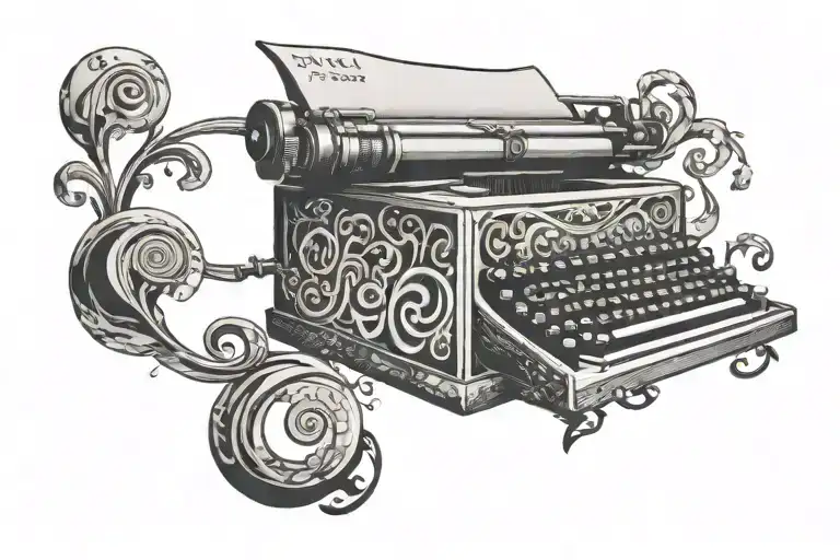 A Stylized Tattoo Of A Typewriter With Swirling Patterns And Script Font Intertwined