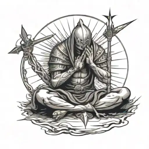 Black Dark Colored In Figure On Knees Praying With Spears Pointed At Him And A Sun In Top Right