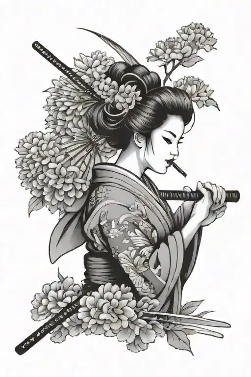 Geisha Using Waboshi Holding A Katana Background Filler Chrysanthemums