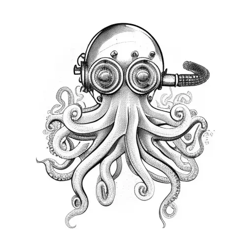 An Octopus Holding A Vintage Diving Helmet With A Shipwreck In The Background