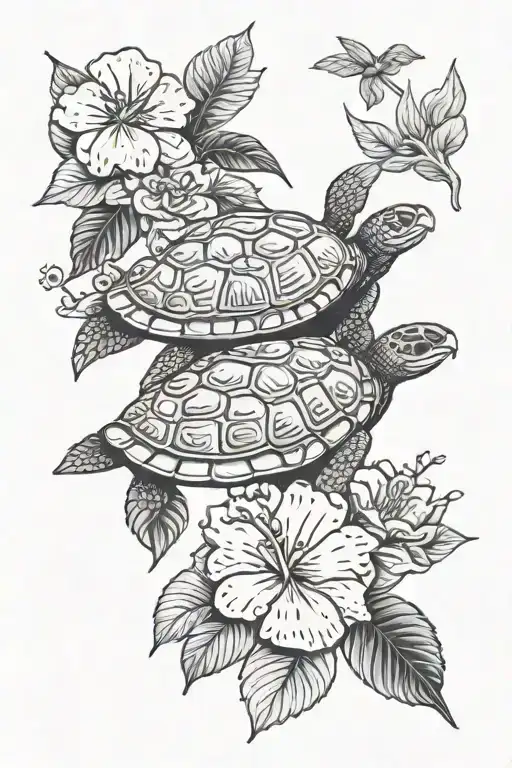 Turtle With Hibiscus Flowers In The Background