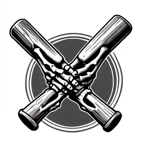 Two Skeleton Hands Holding Crossed Wooden Baseball Bats