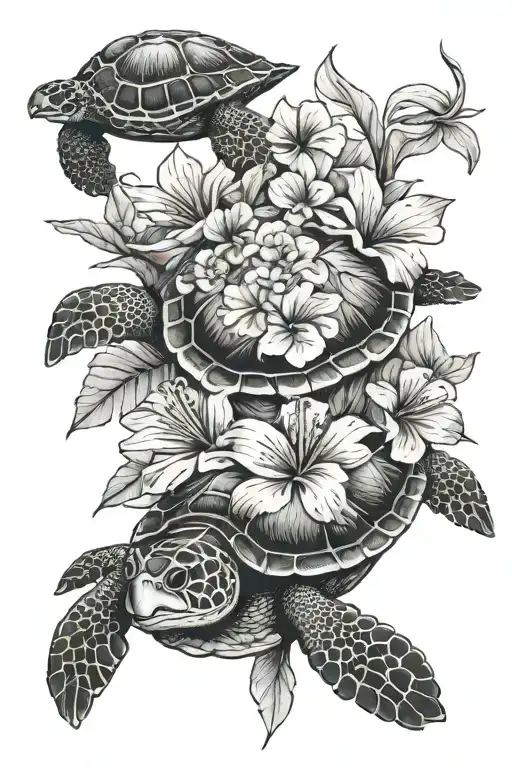 Turtle With Hibiscus Flowers