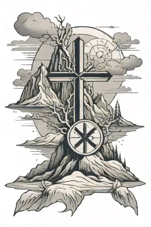 A Black-grey Tattoo Of A Medical Cross Integrated Into A Snowy Mountain Landscape