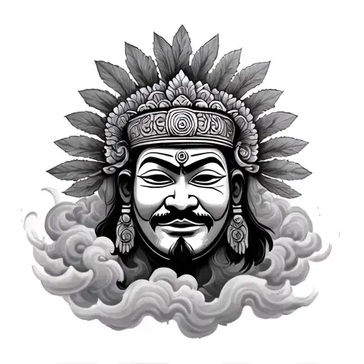Traditional Nepalese Ceremonial Mask Portrait Fading Into Nepalese Style Clouds