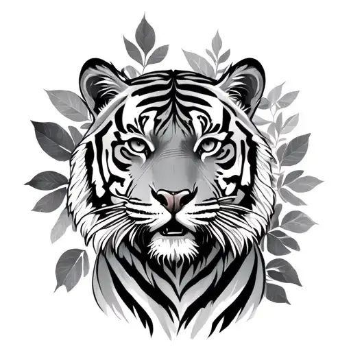 A Tiger With Leaves Behind It