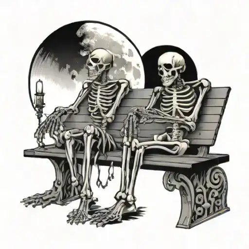 2 Skeletons Holding Hands On A Park Bench In The Moon Light As A Tarot Card