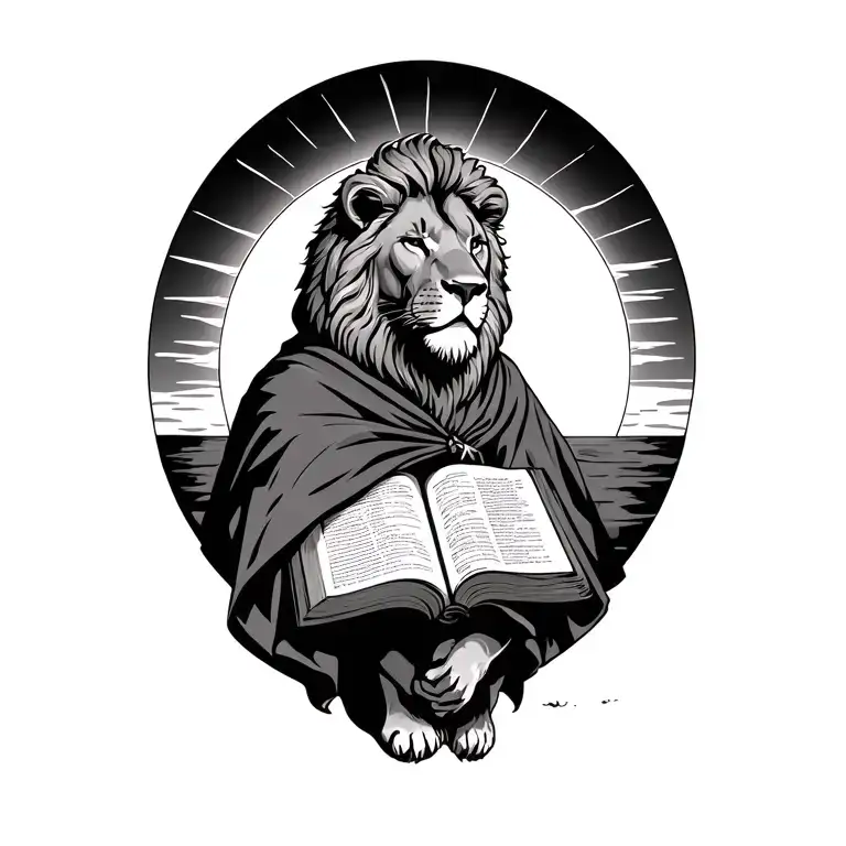 Setting Sun With A Lion Wearing A Cloak And A Bible