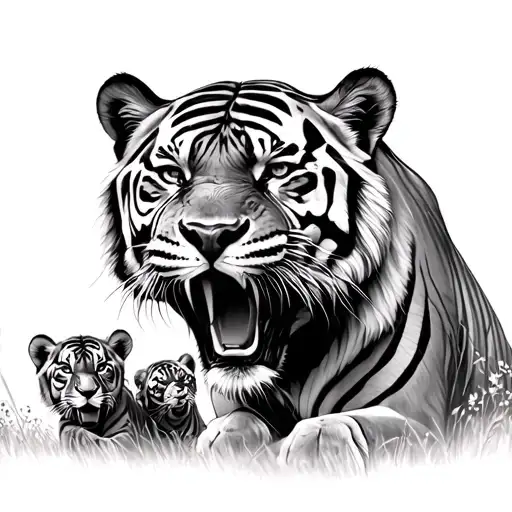 Roaring Tiger With 3 Cubs Playing In A Field