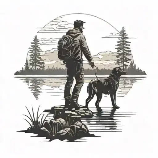 Silhouette Of A Man Standing Next To His Dog Overlooking A Lake