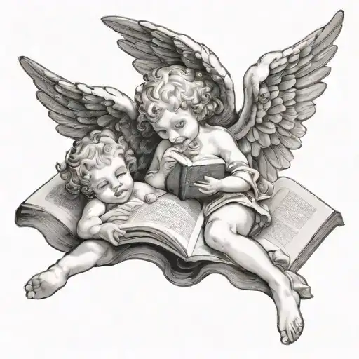 Cherub Angels Laying Down Reading Book