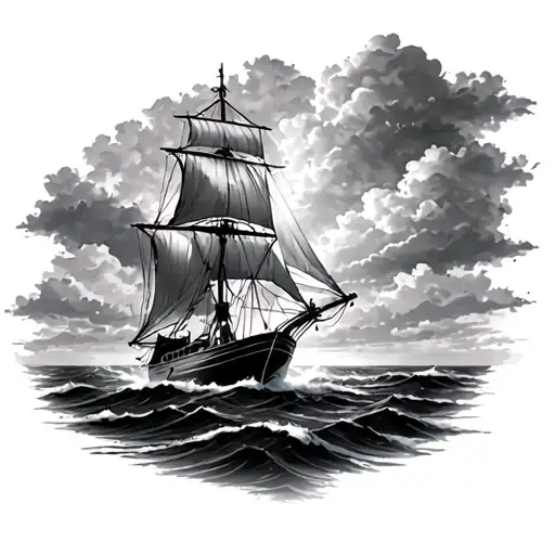 A Shoulder Sleeve With A Sailboat Called The First Light On The Ocean With Clouds Above