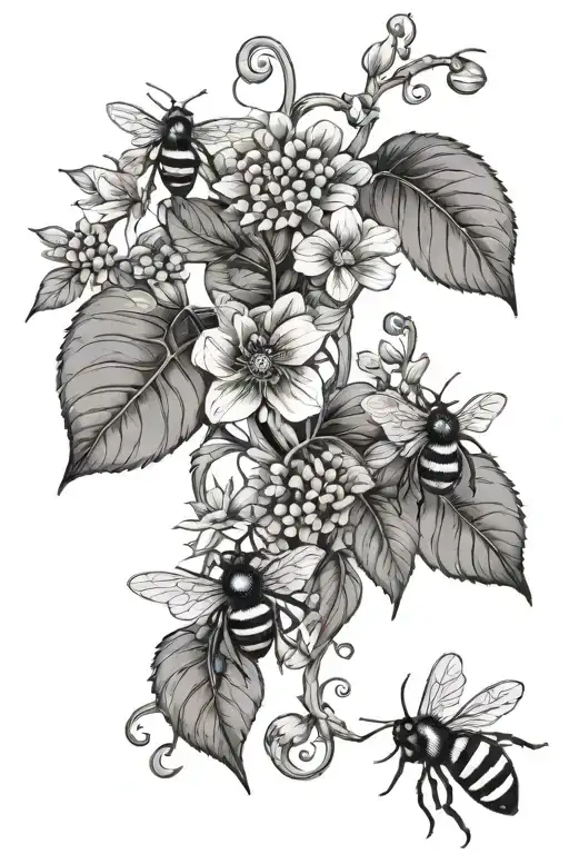 Long Flower Vine With Unpainted Leaves And Bees