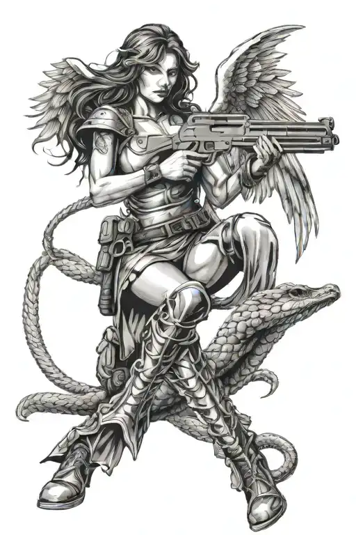 Realistic Sexy Woman Angel Warrior With An Ak47 Rifle Killing Snake Coiled Up In A Battle Scene