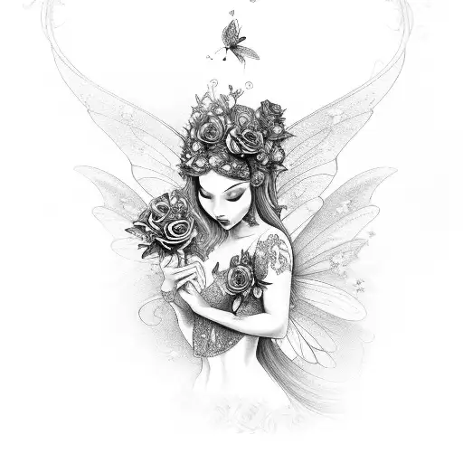 Fairy With Roses And Butterflies And Aquarius Symbol