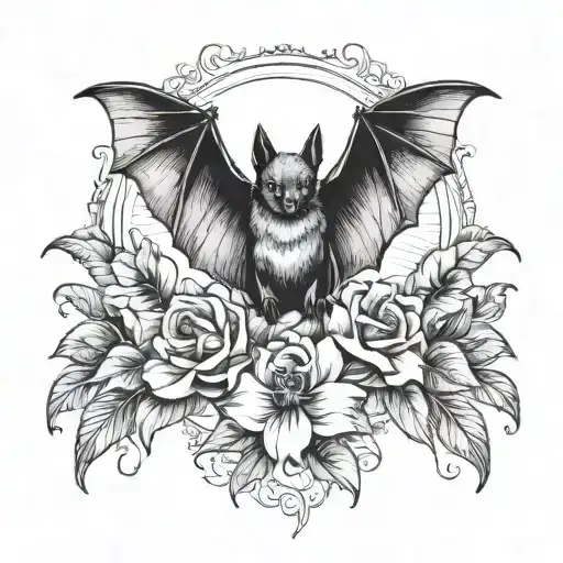 Bat With Wings Spread And Flowers