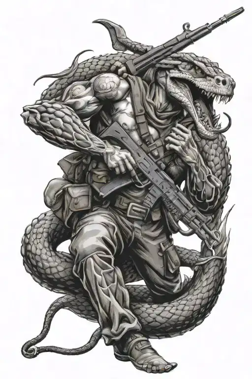Realistic Angle Warrior With An Ak47 Rifle Killing Snake Coiled Up In A Battle Scene