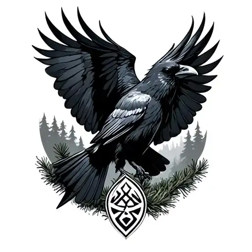 Crow Flying In Pine Forest With Norse Symbols