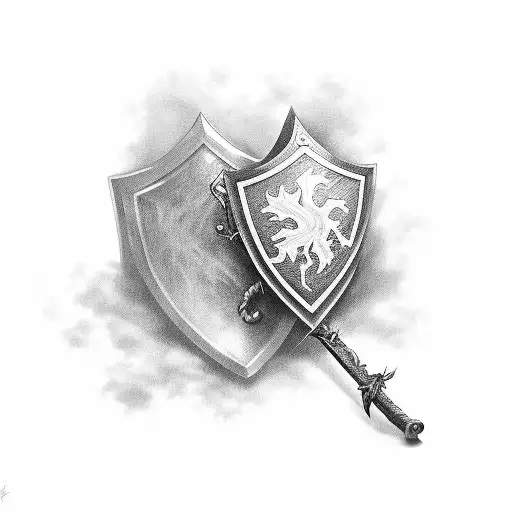 Standing Sword And Shield With Muscadine Vine Growing Over Them