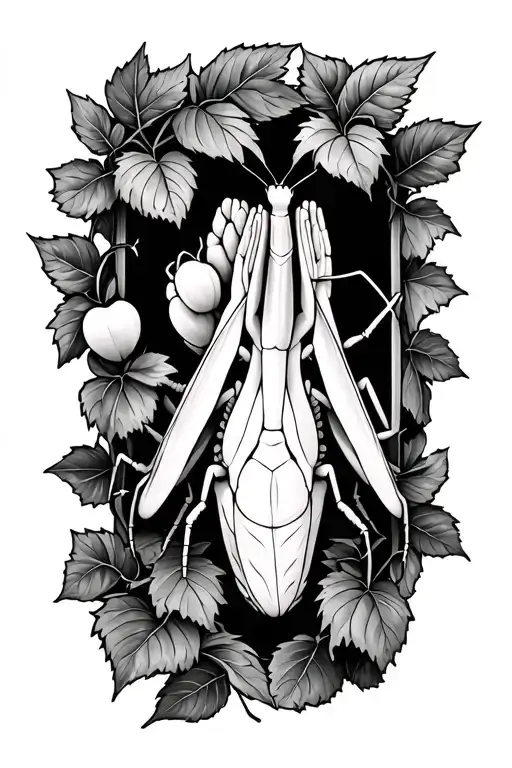 Raspberry Vine On Forearm Wrapping Around And A Praying Mantis Hiding In It