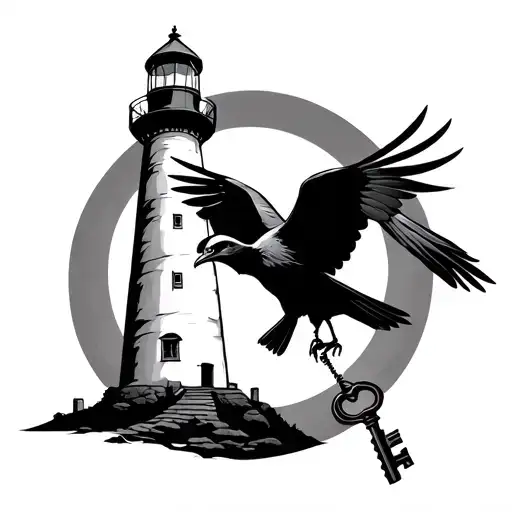 Lighthouse Standing Tall With A Crow Flying Around It Holding A Key In Its Claws